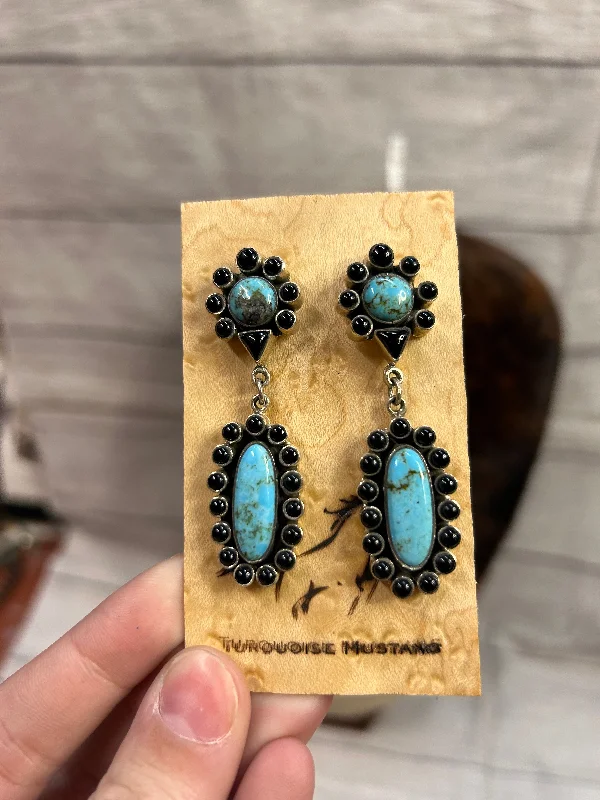 Women’s luxury earrings sets-Genuine Black Onyx and Turquoise Dangle Earrings