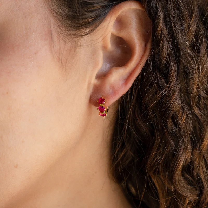 Women’s classic hoop earrings-Triple Ruby Birthstone Huggies