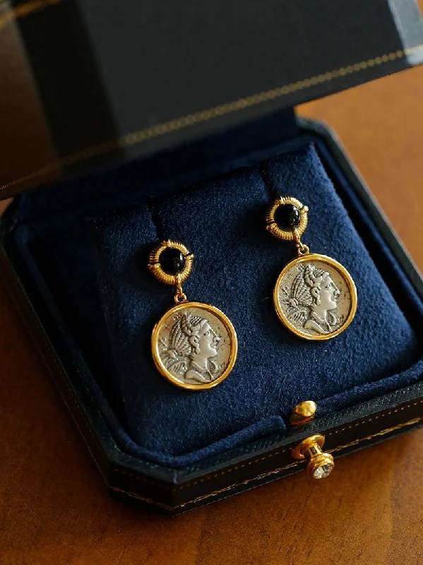 Women’s luxury earrings sets-Ancient Greek Retro 925 Silver Coin Stud Earrings-Type N