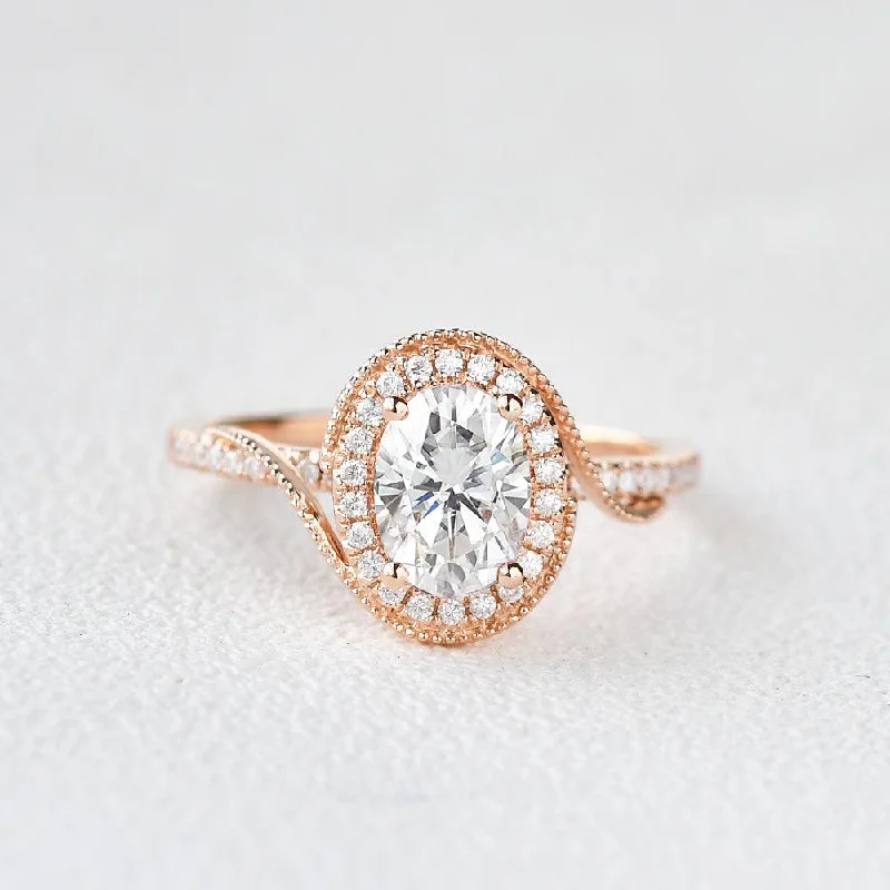 Women’s birthstone rings-Twist Oval Moissanite Halo Inspired Ring