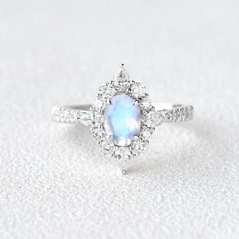 Women’s halo rings-Moonstone & Moissanite Inspired Halo Ring