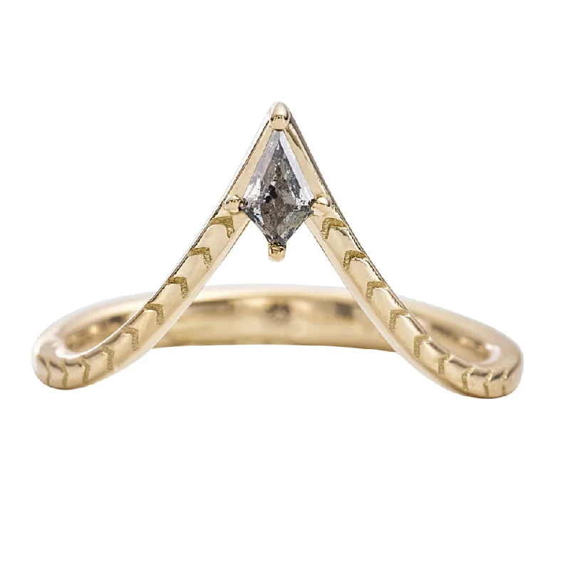 Women’s bold rings-Engraved Chevron Ring with a Salt and Pepper Kite Diamond