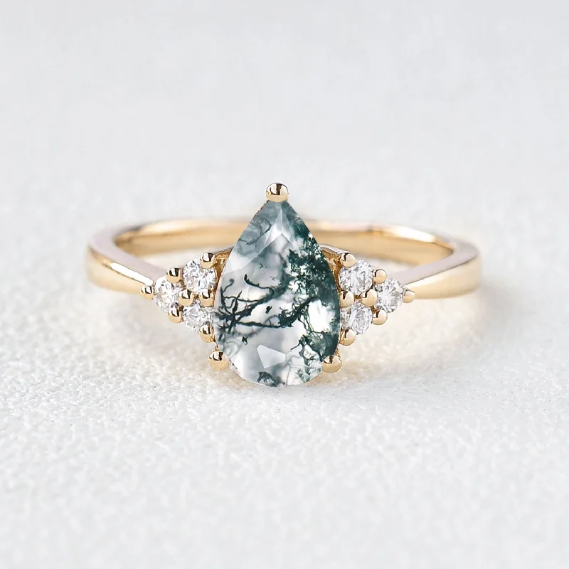 Women’s chic rings-1.5ct Signature Pear Moss Agate Vintage Cluster Ring - Lydia