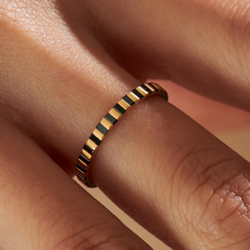 Women’s promise rings-Apis Striped Black Diamond Matte Gold Half Eternity Ring