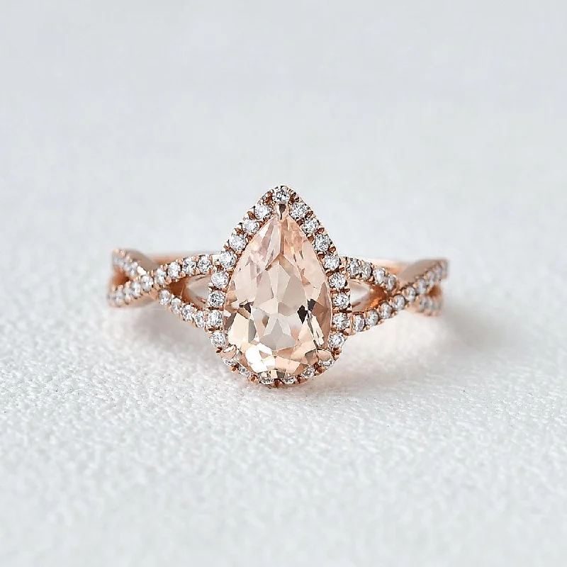 Women’s statement rings-1.5ct Pear Shaped Morganite Infinity Vintage Halo Ring