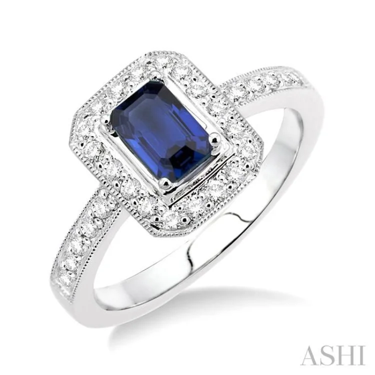 Women’s art deco engagement rings-6x4MM Octagon Cut Sapphire and 1/3 Ctw Round Cut Diamond Ring in 18K White Gold