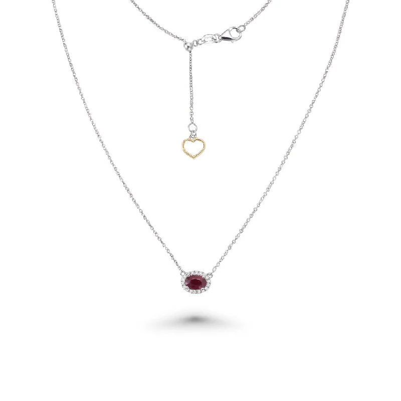 Women’s antique necklaces-Oval Red Ruby With Diamond Halo Necklace (0.59 ct.) in 18K Gold