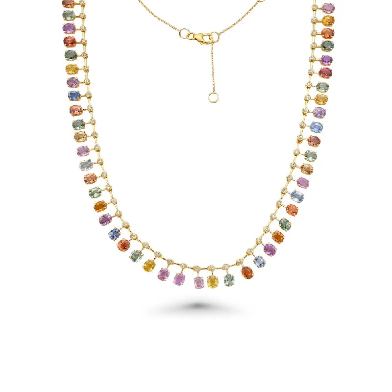 Women’s bold statement necklaces-Diamond & Dangling Oval Shape Rainbow Sapphire Choker Necklace (25.85 ct.) in 14K Gold