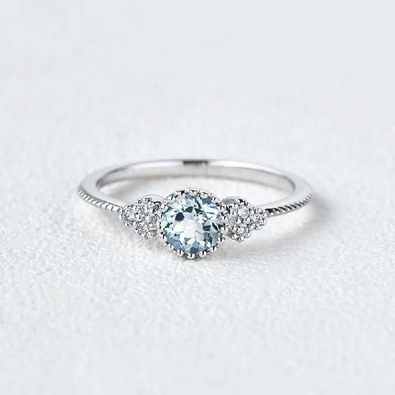 Women’s floral rings-1.0ct Aquamarine Floral Milgrain Vintage Solitaire Ring