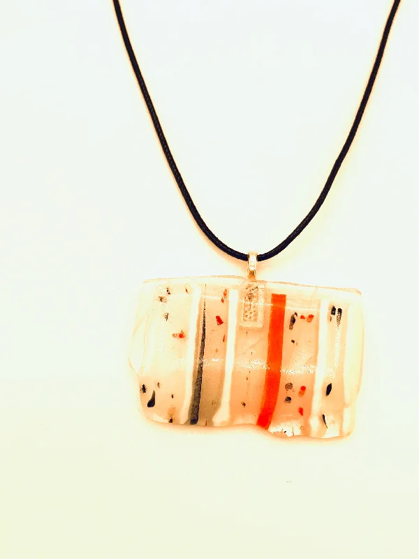 Women’s adjustable necklaces-Necklace with Fused Glass Pendant, Clear with Red and White Stripes