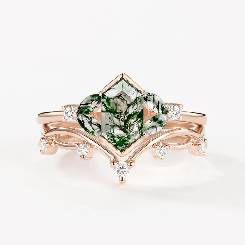 Women’s engagement ring sets-1.5ct Geometric Green Moss Agate Floral Ring Set 2PCS