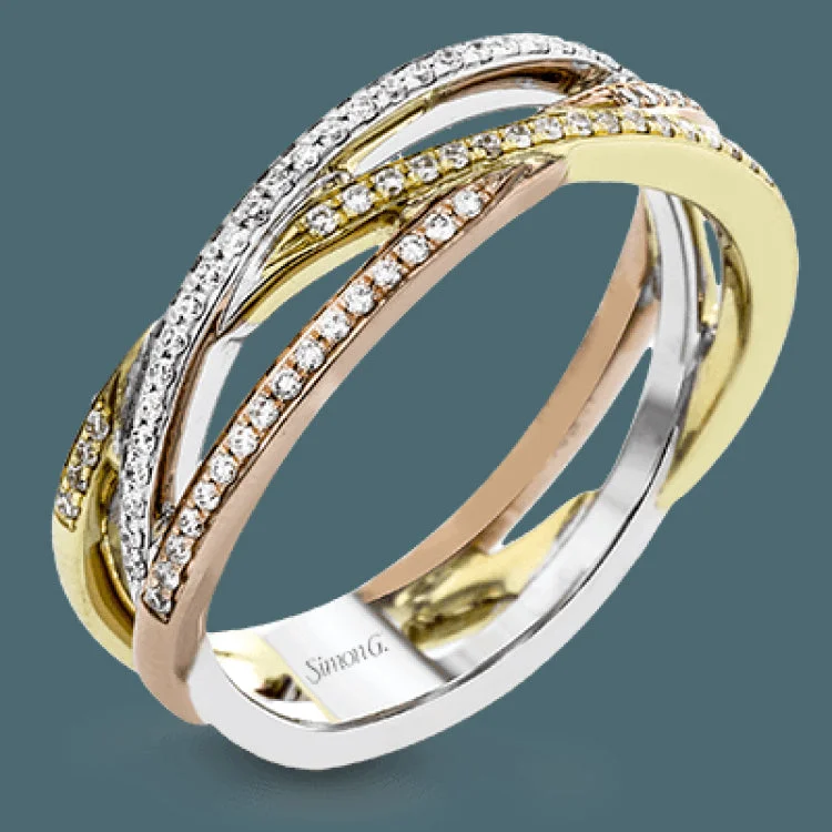 Women’s birthstone engagement rings-Delicate and lovely, this wedding band in three-tone gold features .23 ctw of round white diamonds for just a hint of sparkle.