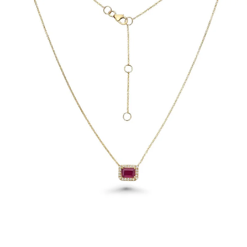 Women’s matching necklaces sets-Emerald Cut Ruby & Diamond Halo Necklace (1.41 ct.) in 14K Gold