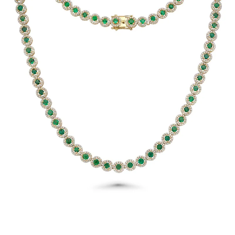 Women’s minimalist necklaces-Emerald & Diamond Halo Tennis Necklace ( 16.30 ct.) in 14K Gold