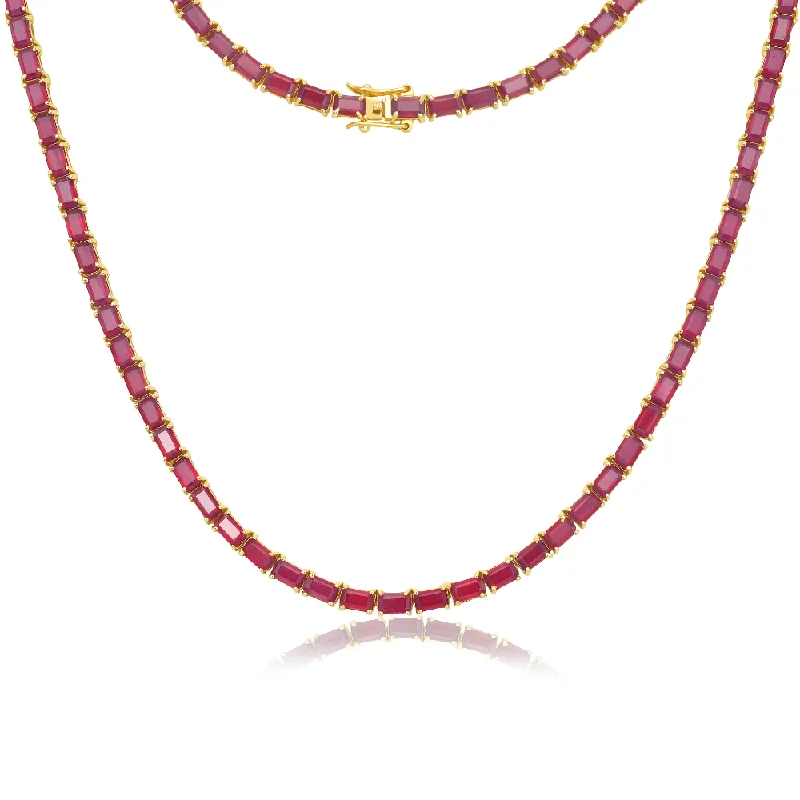 Women’s sterling silver gemstone necklaces-East West Ruby Emerald Cut Tennis Necklace (33.00 ct.) 4-Prongs Setting in 14K Gold