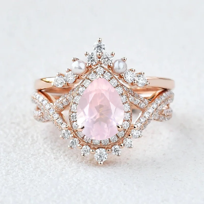 Women’s rose gold rings-1.5ct Pear Rose Quartz Vintage Halo Infinity Ring Set 2pcs - Katherine