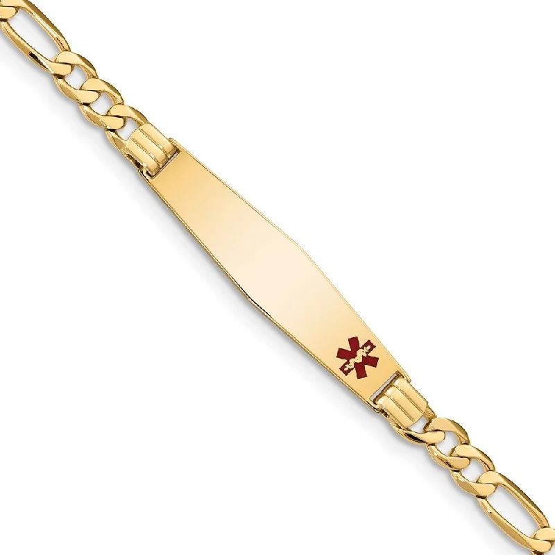 Women’s custom bracelets-14k Yellow Gold 9mm Medical Soft Diamond Shape Red Enamel Flat Figaro Link ID Bracelet, 7"