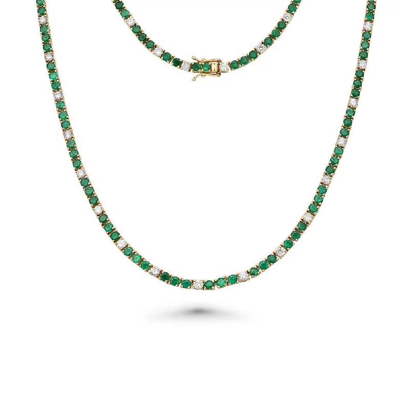 Women’s classic diamond necklaces-Alternate Diamond & Emerald Tennis Necklace ( 11.50 ct.) 4-Prongs Setting in 14K Gold