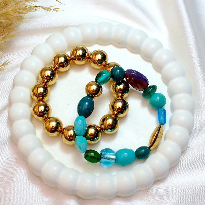 Women’s round bangles-TFC Turquoise Mix & Gold Beads Stacked Bracelet (Set of 2)