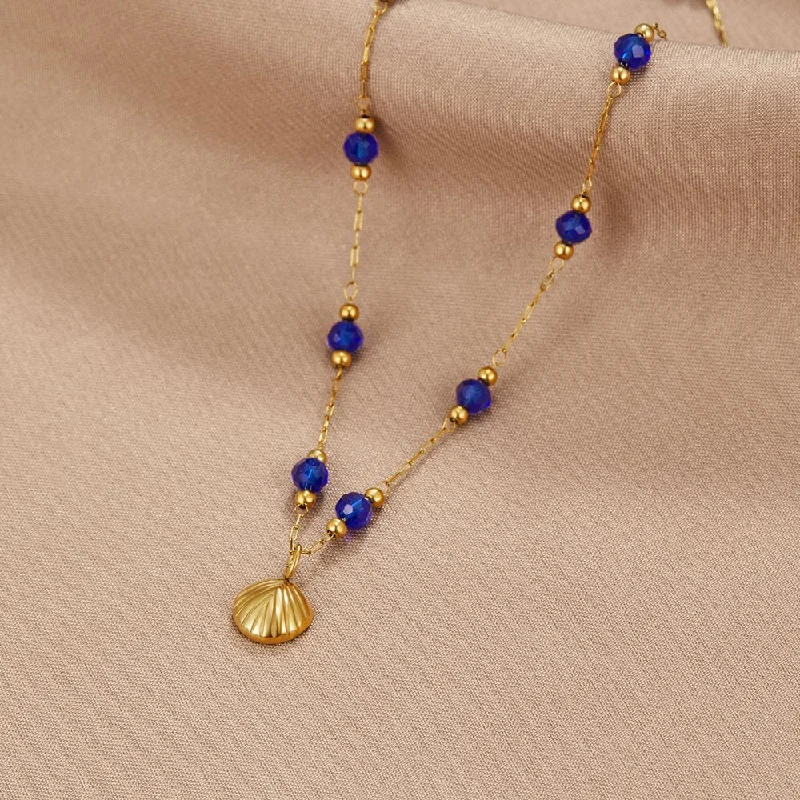 Women’s emerald cut necklaces-Nerissa Gold Shell & Blue Bead Necklace