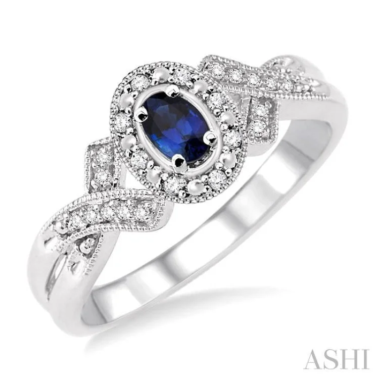 Women’s bridal engagement rings-5x3 mm Oval Cut Sapphire and 1/50 Ctw Single Cut Diamond Ring in Sterling Silver