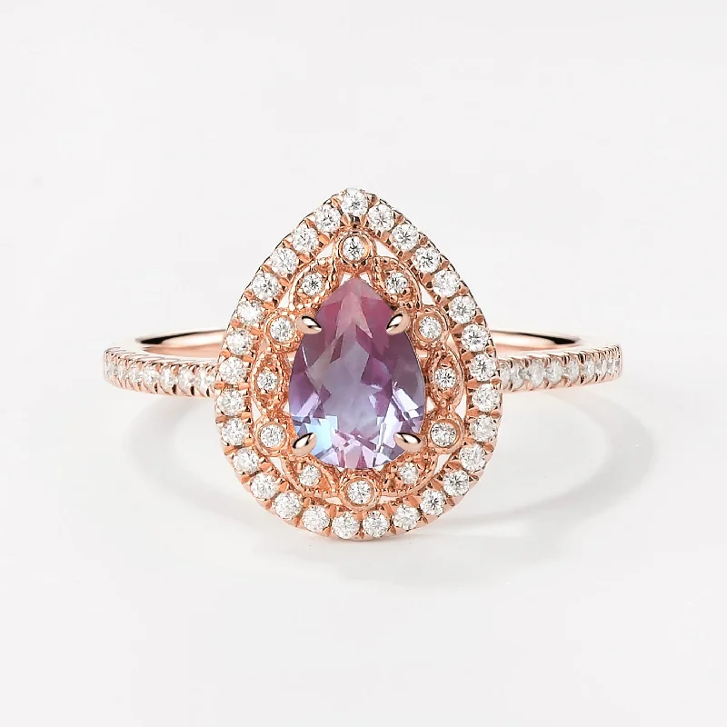 Women’s round-cut rings-Antique Pear Lab Alexandrite Rose Gold Halo Ring