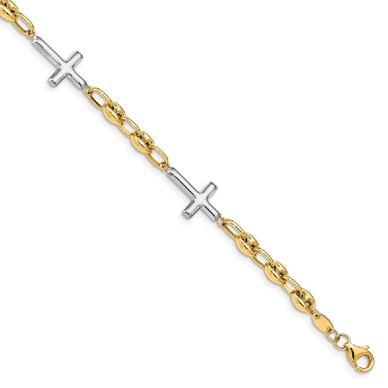 Women’s adjustable chain bracelets-14K Two-tone Polished and Matte Sideways Cross Bracelet-WBC-FB1530-7.5