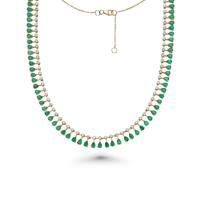 Women’s unique gemstone necklaces-Diamond & Dangling Pear Shape Emerald Choker Necklace (10.20 ct.) in 14K Gold