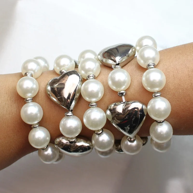 Women’s diamond bracelets-TFC Bold Heart Pearls Silver Plated Stacked Bracelet (Set of 5)