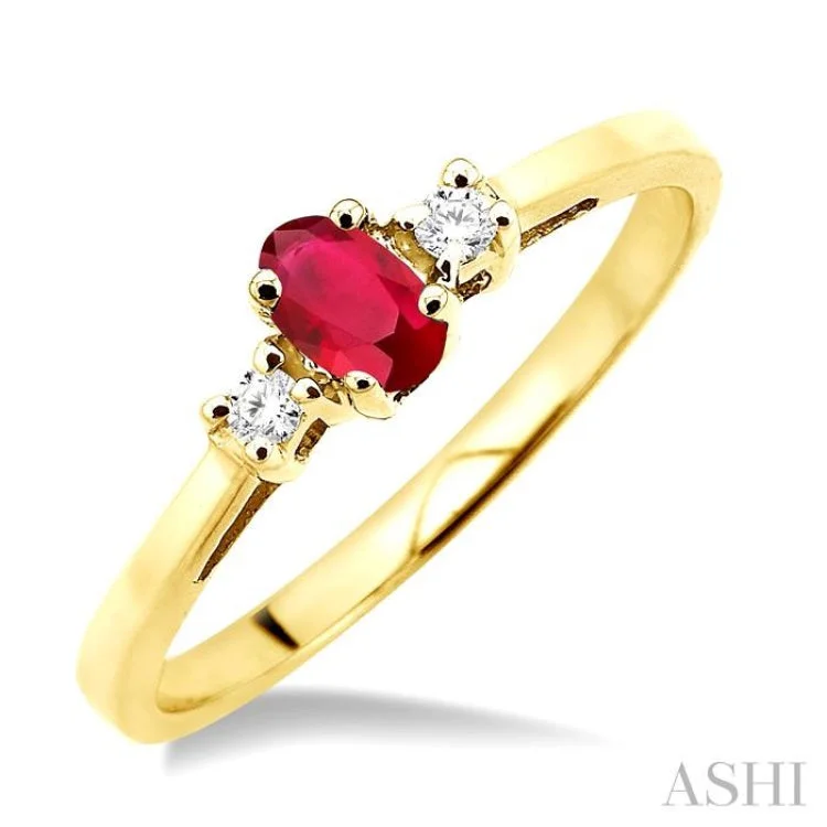 Women’s tungsten engagement rings-5x3mm Oval Cut Ruby and 1/20 Ctw Round Cut Diamond Ring in 10K Yellow Gold