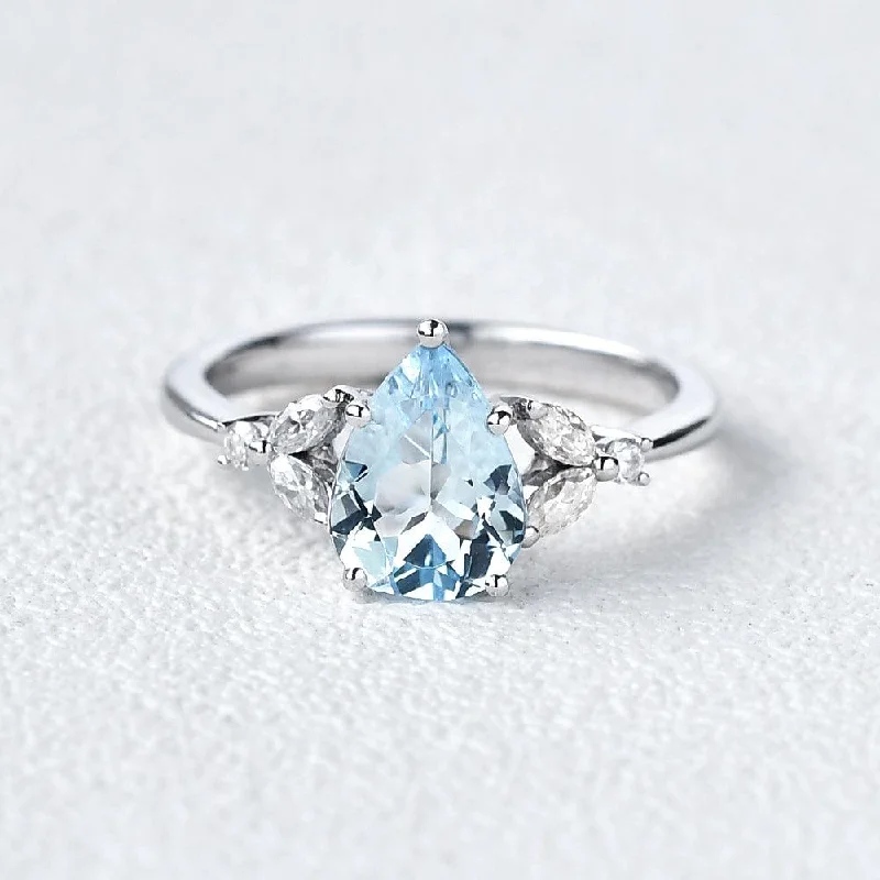 Women’s stackable diamond rings-Pear Shaped Aquamarine White Gold Ring