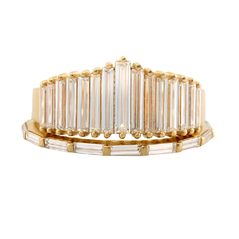 Women’s minimalist gold rings-Art Deco Inspired Ring Set with Needle Baguette Diamonds