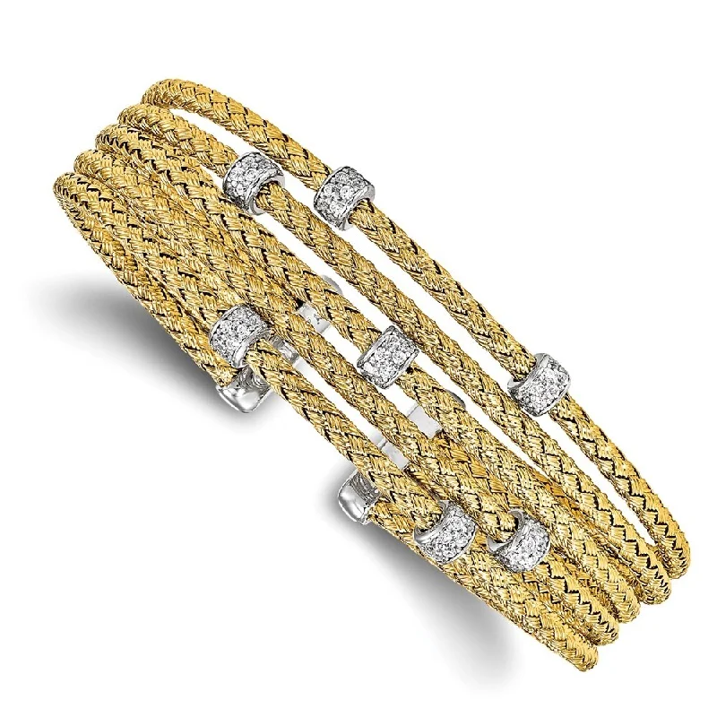 Women’s round bangles-925 Sterling Silver Gold-tone Cubic Zirconia Woven Flexible Cuff Bracelet