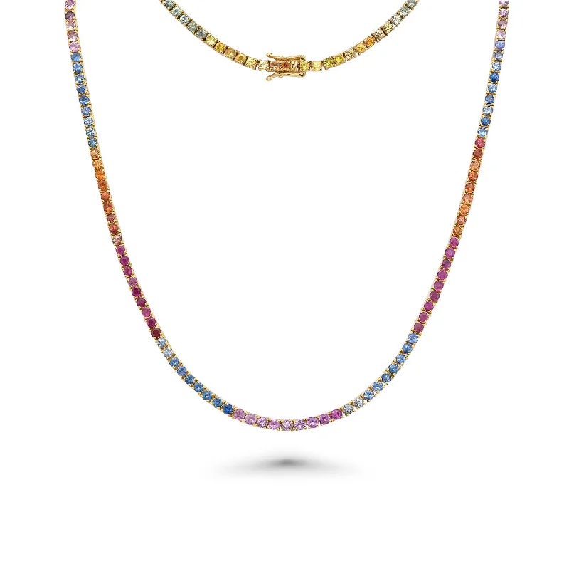 Women’s personalized necklaces-Rainbow Multi Color Sapphire Tennis Necklace (12.60 ct.) 4-Prongs Setting in 14K Gold