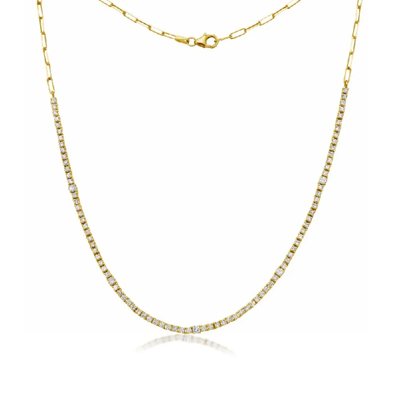 Women’s antique necklaces-HalfWay Alternate Round Diamond Tennis Necklace & Half Paperclip Chain (2.50 ct.) 4-Prongs Setting in 14K Gold