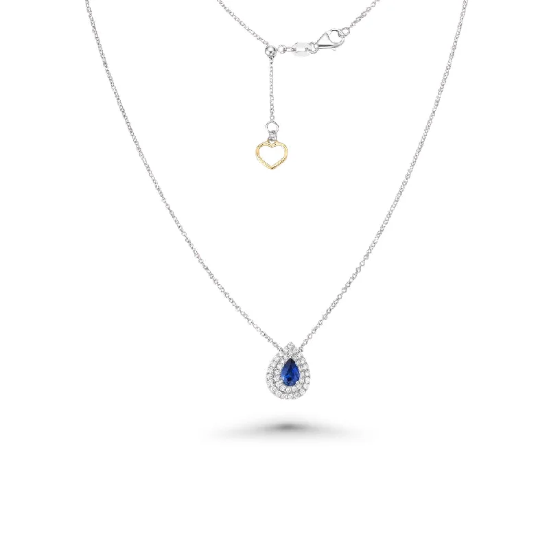 Women’s gemstone pendant necklaces-Pear Shape Blue Sapphire With Diamond Halo Necklace (0.73 ct.) in 18K Gold