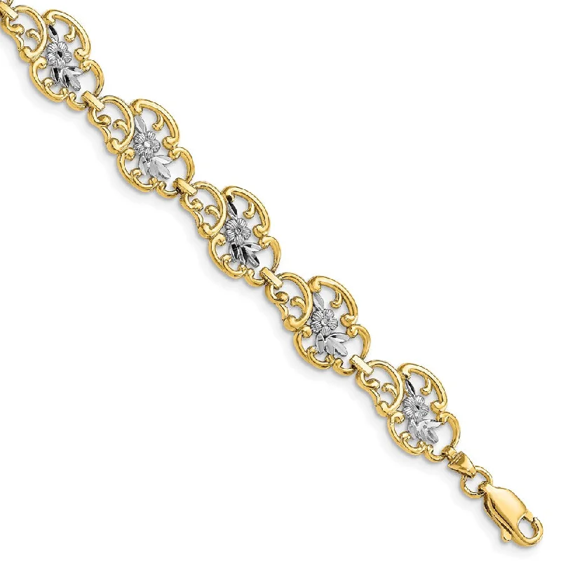 Women’s birthstone bracelets-14k w/Rhodium D/C  Leaves and Flowers Link Bracelet-WBC-FB1846-7.25