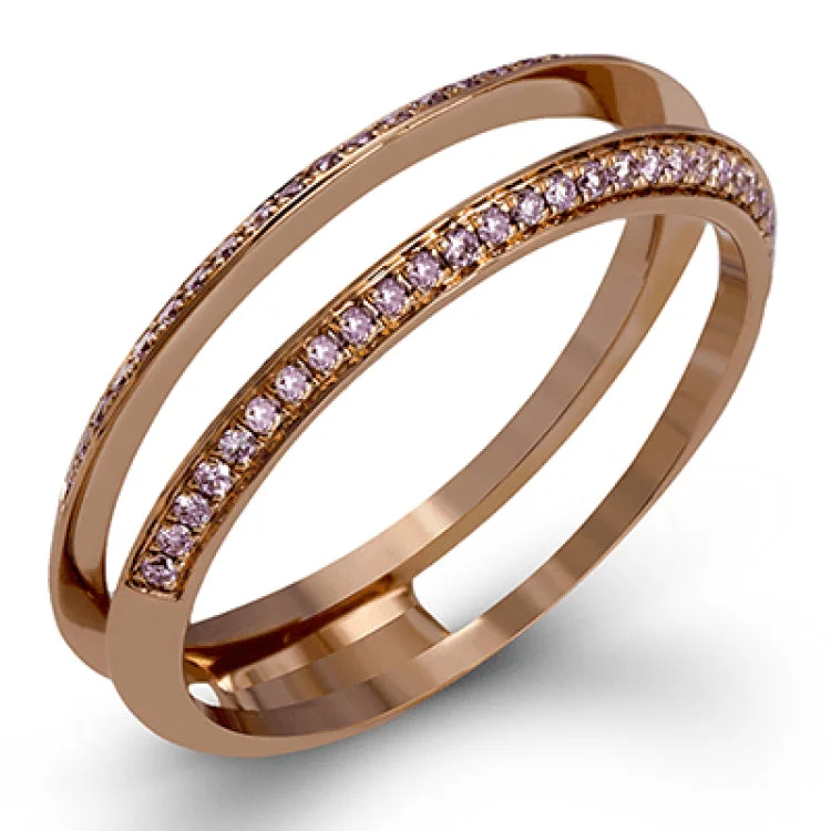 Women’s gold engagement rings with diamonds-An exquisite statement, this engagement ring features .23 ctw of white diamonds in 18k white gold through the center, bordered by .25 ctw on pink diamonds set into 18k rose gold.