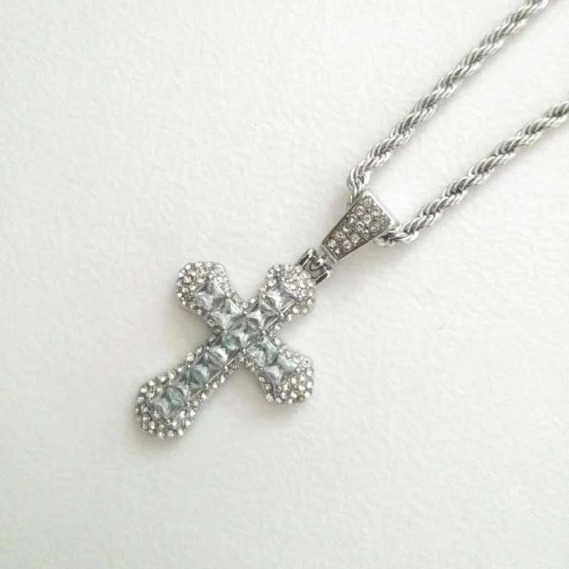 White Zircon Cross 70cm Hemp Flowers Chain