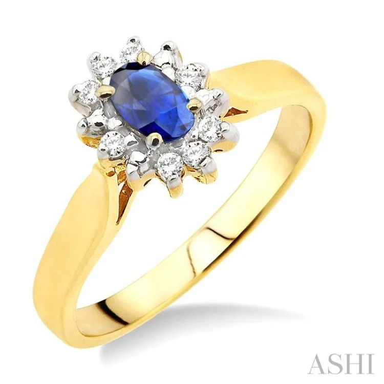 Women’s modern engagement rings-5x3mm Oval Cut Sapphire and 1/10 Ctw Round Cut Diamond Ring in 14K Yellow Gold