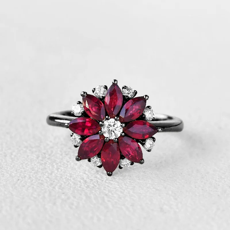 Women’s fashion statement rings-Floral Inspired - Black Gold Natural Ruby Ring