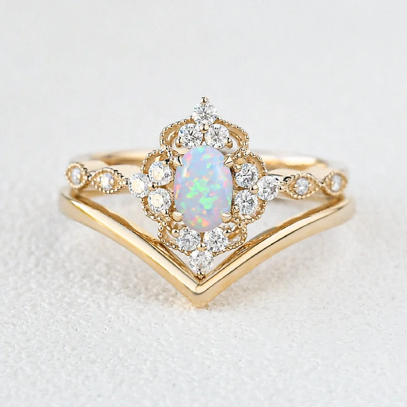 Women’s emerald rings-Lab Opal Vintage Inspired Ring Set 2pcs