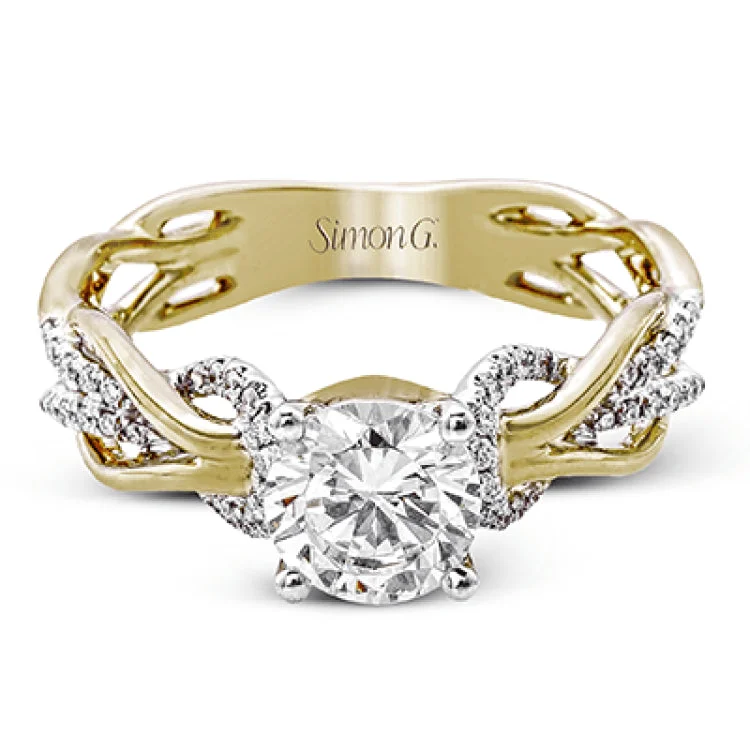 Women’s eco-friendly engagement rings-This impressive contemporary two-tone engagement ring features a unique twisting design on the shank, which is complemented by .17 ctw of round cut white diamonds.