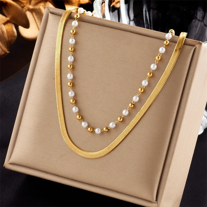 Women’s geometric necklaces-Casual Simple Style Solid Color Titanium Steel Beaded Pearl Plating 18k Gold Plated Layered Necklaces