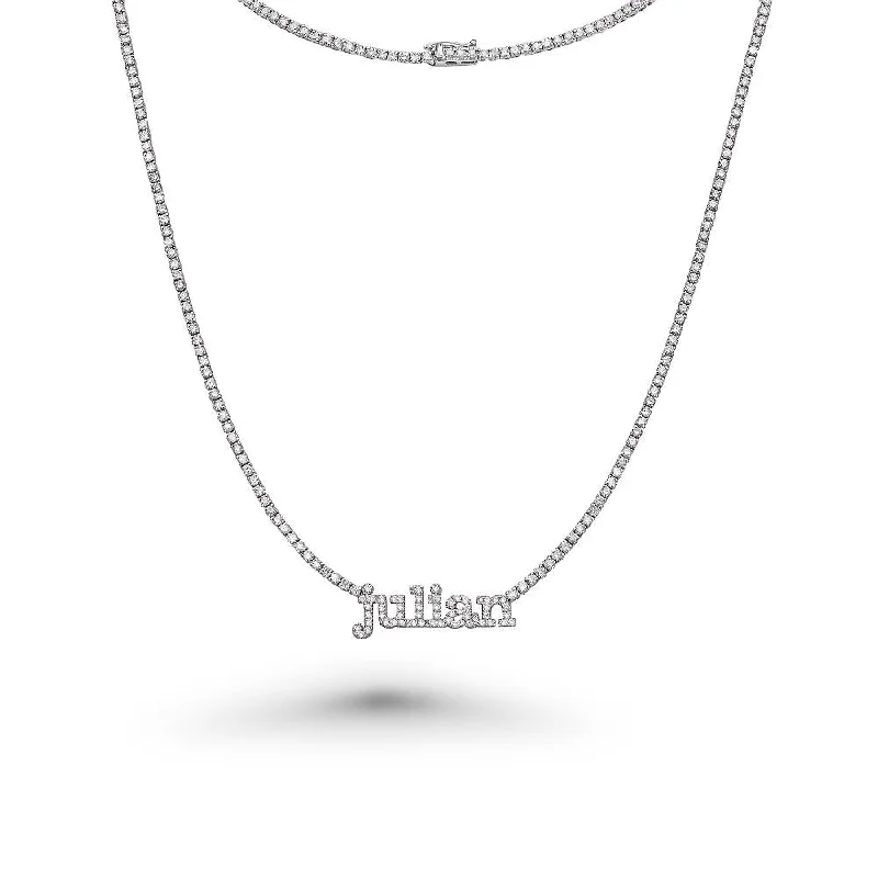 Women’s statement necklaces-Custom Name Plate Diamond Tennis Necklace ( 5.00 ct.) 1.7 mm 4-Prongs Setting in 14K Gold