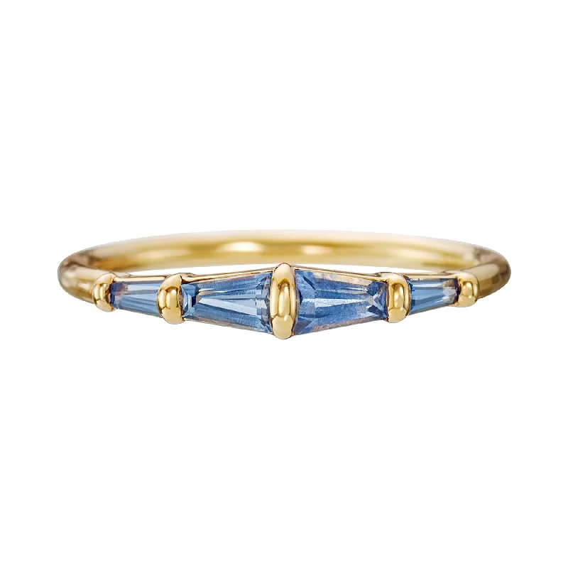 Women’s anniversary diamond rings-Blue Sapphire Tapered Baguette Gold Bar Ring