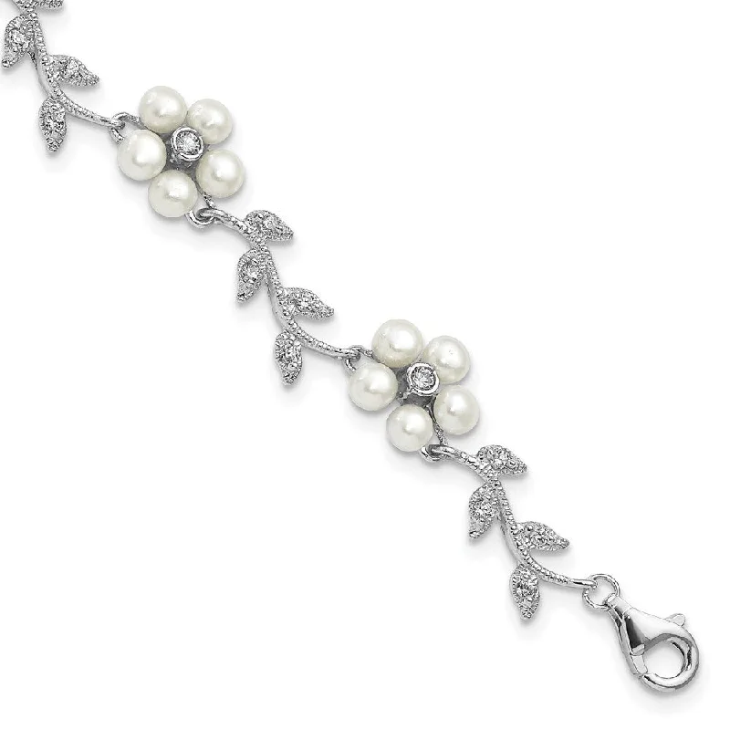 Women’s beaded bangles-925 Sterling Silver Rhodium FW Cultured Pearl and Cubic Zirconia Floral Bracelet, 7"