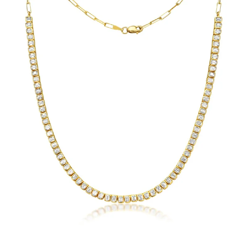 Women’s heart necklaces-Half Way Emerald Cut Diamond Tennis Necklace & Half Paperclip Chain (4.00 ct.) Bezel Set in 18K Gold