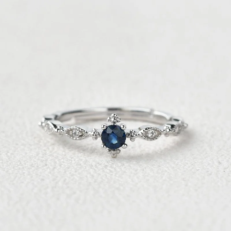 Women’s statement rings-Lab Sapphire Vintage Inspired White Gold Ring