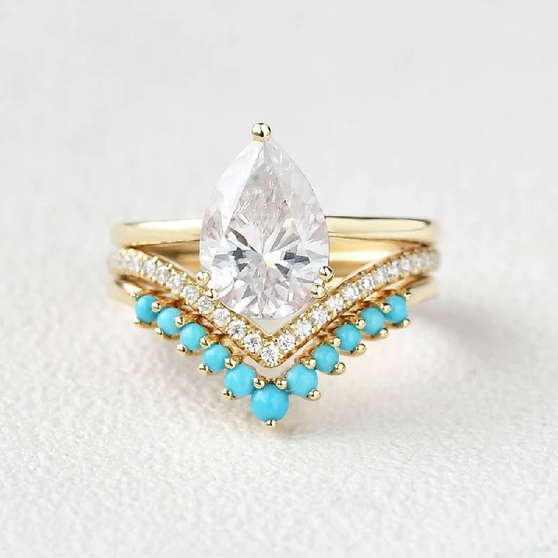 Women’s multi-stone rings-2.0ct Art-Deco Pear Shaped Moissanite & Turquoise Ring Set 3pcs